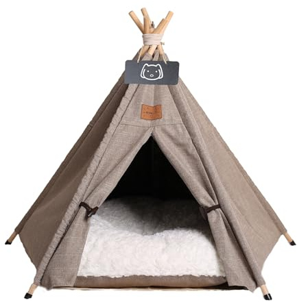 Meowmellow Tipi Zelt für Haustiere Hundezelt Katzenzelt mit Plüschkissen Haustierzelte Häuser für Katzen und Hunde Hundehöhle und Haustierhäuser Wegklappen Haustier Zelt Möbel 50x50x60cm