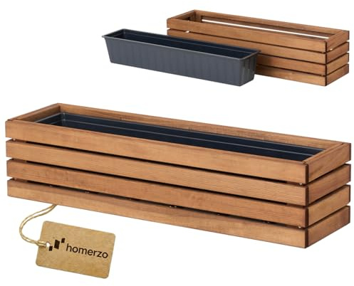 HOMERZO Holz Pflanzkasten Blumenkasten rechteckig – braun imprägniert, mit herausnehmbarem Kunststoff-Einsatz – Pflanzkübel für Balkon, Garten & Terrasse (Horizontal-braun, 86x23 H20)
