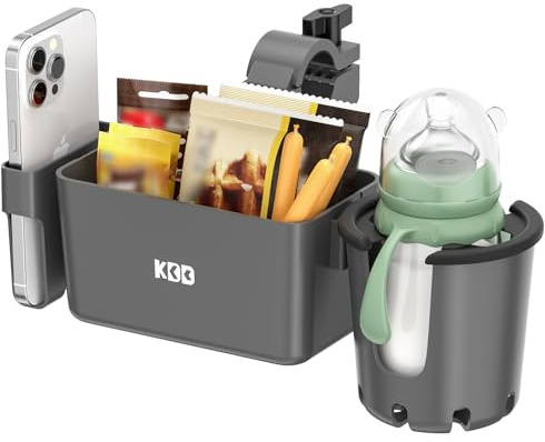 KDD Getränkehalter Kinderwagen mit Snack Tablett, 3-in-1 Universal Becherhalter Kinderwagen mit Handyhalterung, Abnehmbarer Flaschenhalter, 360°Drehung für ABC Design Cybex Rollstuhl Fahrrad Rollator
