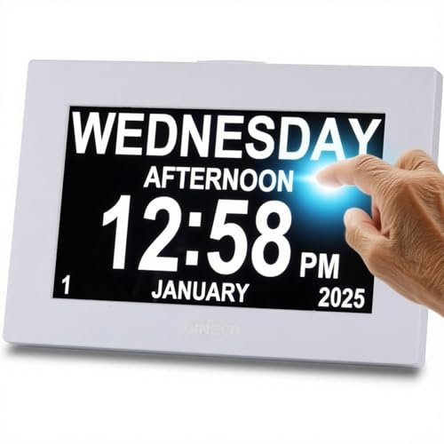 GINZER Touchscreen Demenz Wecker Design 2025 Neu, Digitaluhr 8 Zoll Großes Display Sprechende Kalenderuhr, mit Datum und Tag für ältere Alzheimer mit HD Digital Bilderrahmen