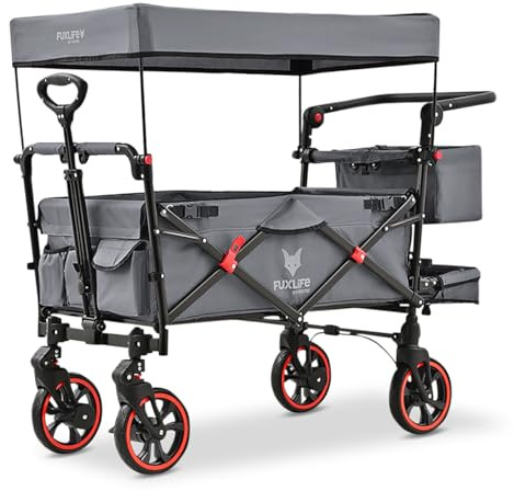 FUXLIFE Bollerwagen FX-CT850 Grau - Komfort faltbar • Kinder Transportwagen mit Sonnendach • gepolsterter Innenraum mit Verlängerung • gefederte Räder • klappbarer Handwagen mit Hecktasche