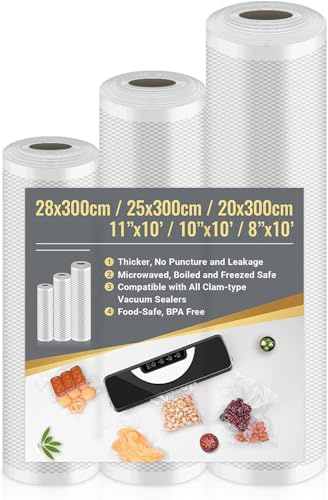 Vakuumierbeutel 3 Rollen Vakuumierfolie Lebensmittel 28/25/20x300cm | Profi-Folienrollen BPA-frei, Gefrierbeutel stark & reißfest, für Vakuumiergerät, Sous Vide Geeignet, Mikrowelle, Gefrieren
