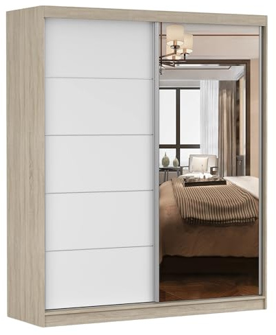 Fabryka Mebli Idźczak Kleiderschrank mit Spiegel - Schwebetürenschrank, Schlafzimmerschrank - Sonoma, Weiß Schrank für Schlafzimmer, Ankleidezimmer - 61 x 183 x 218 cm - Garderobenschrank
