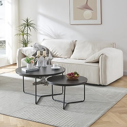 [en.casa] Satztisch Poxdorf aus 2 Couchtischen Wohnzimmertisch 2er Set rund Schwarze Marmoroptik Sofatisch Metallgestell