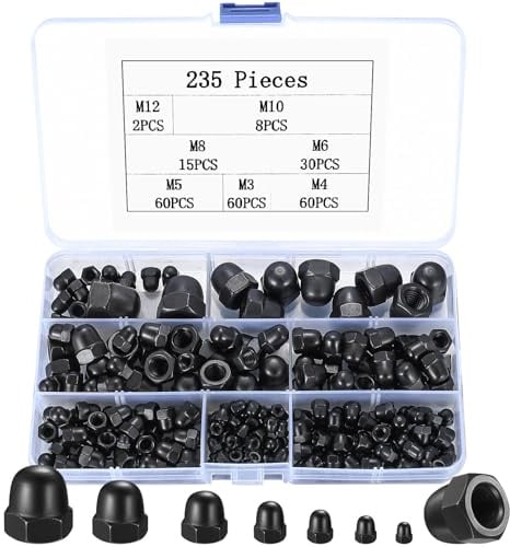 MYHongLe Hutmuttern hoher Form Set, 235 Stk Kohlenstoffstahl Sechskantmuttern, M3/M4/M5/M6/M8/M10/M12 Sechskant, Innengewinde Abdeckkappen Kuppelmuttern Hutmuttern