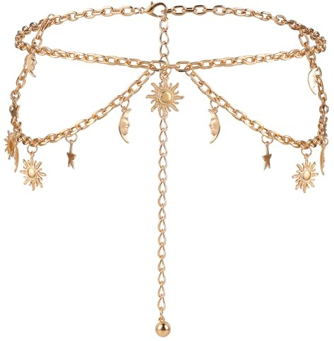 Amaxiu Doppelschichtiger Damen Metallkettengürtel, Mondstern verstellbare Taillenkette verzierter Metallgliedergürtel dünne Bundkette für Kleider Jeans(Gold)