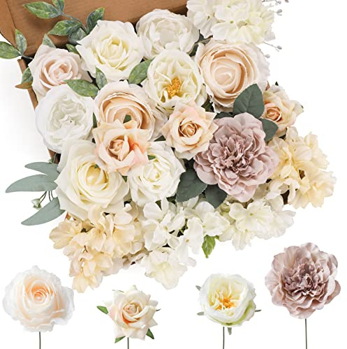 Floweroyal Künstliche Blumen Weiss Seidenblumen Mischen Sie Dahlienrosen mit Stielen für DIY Hochzeits-Brautsträuße, Babydusche, Blumengesteck, Tischdekoration, Heimdekorationen.