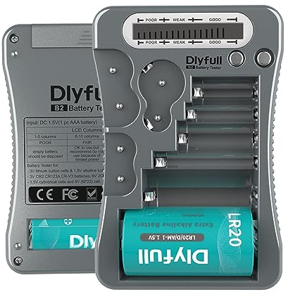 Dlyfull LCD Universal Batterietester | AA AAA C D 9V Digitaler Testgerät für CR123A CR2 CRV3 2CR5 CRP2 Batterie Testgerät für 1,5V und 3V Knopfzellen, Grau
