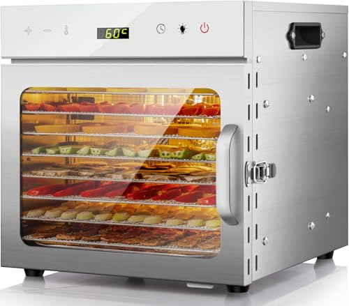 Kwasyo Dörrautomat Edelstahl, 8 Etagen mit 6er Dörrfolie, Rezeptbuch, BPA-frei, 30–90 ℃ Temperatureinstellung, max. 24 Stunden, Dörrautomat für Gemüse, Fleisch, Obst