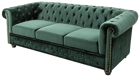 3-Sitzer Sofa CHESTERFIELD - 205cm - flaschengrün - Samt Holzfüße | Taschenfederkern, Knopfheftung, Ziernieten, Rundum-Bezug, englischer Stil, pflegeleicht