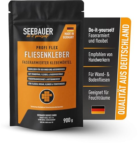 SEEBAUER diy Profi Flex-Fliesenkleber 900 g - Faserarmierter Flexkleber für Wand- & Bodenfliesen, Mosaik, Riemchen & Klinker - Auch für Heizestrich geeignet - Wiederverschließbar im Beutel