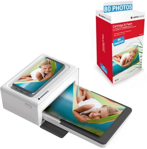 AgfaPhoto Realipix Moments Drucker-Paket + Patronen und Papiere für 80 zusätzliche Fotos – Bluetooth-Fotodruck 10 x 15 cm Smartphone Apple und Android, 4 Pass Sublimation Thermal – Weiß