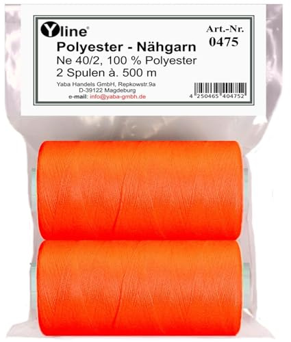 Yline - 1000 m (2 Spulen) Nähgarn für Nähmaschine, Nähfaden Polyester, Syngarn Allesnäher, 0475-15 (neon - orange)
