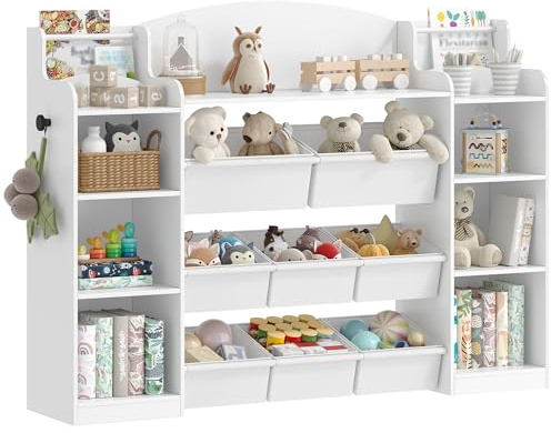 Hzuaneri Kinderregal, Bücherregal Kinder aus Holz, Spielzeugregal mit 8 Stoffschubladen für Kinderzimmer, Wohnzimmer, Arbeitszimmer Weiß 30 x 140 x 104 cm KB43003W