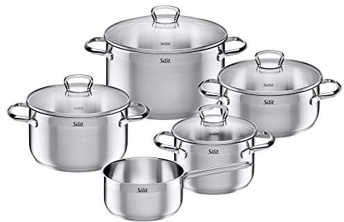 Silit Toskana Topfset Induktion 5-teilig, Edelstahl teilmattiert, Induktions Töpfe Set unbeschichtet mit Glasdeckel, für alle Herdarten geeignet, ohne Innenskalierung, spülmaschinengeeignet