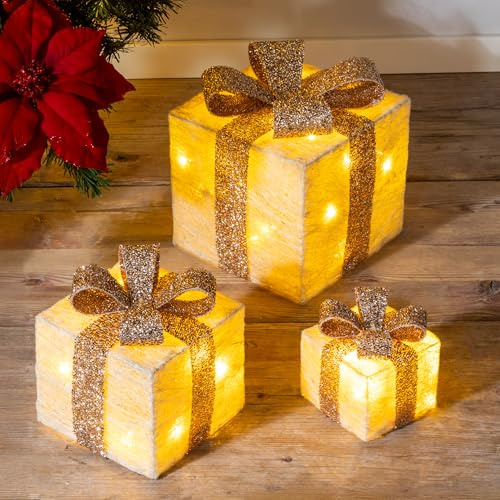 LED Geschenkboxen mit Timer 3er Set - Creme - Weihnachts Dekoboxen warm weiß beleuchtet - Weihnachten Advent Winter Christbaum Deko Beleuchtung Batterie betrieben