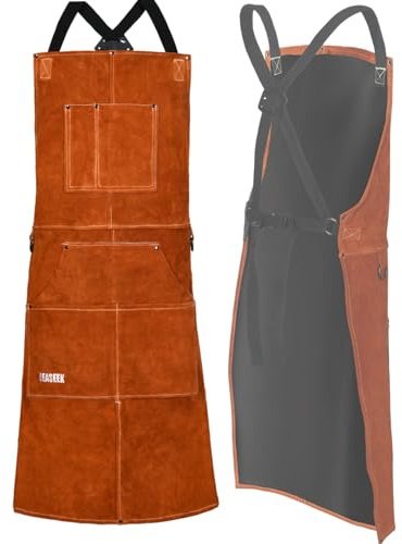 LeaSeek Schweißerschürze aus Leder,Hitzeabweisend Schmiedeschürze | Lederschürze, Hitzebeständig, Feuerfest, 6 Taschen, für Schweißen, Grillen, für Herren und Damen
