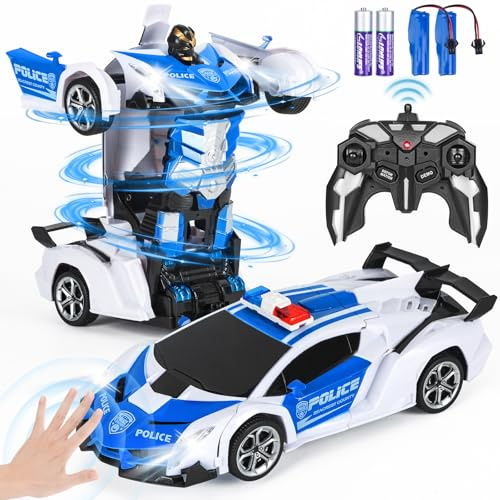 Highttoy Verwandelbares RC Polizeiauto mit Gestenerfassung, Licht und Musik, 2.4GHz 360° Drehung 1:18 Ferngesteuertes Auto Roboter Spielzeug ab 3 4 5 6 7 8 Jahre Jungen Mädchen Geschenk, Weiß
