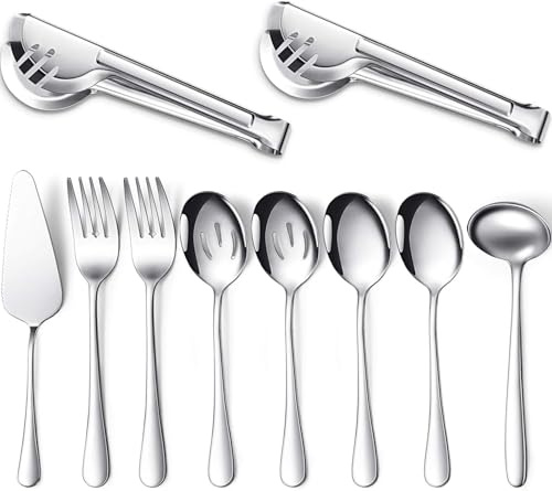 LATERN 10 Stück Servierutensilien Set, Edelstahl Besteck Set Inklusive Großem Löffel Schlitzlöffel Gabel Zange Suppen Schöpflöffel Kuchenheber Catering -Geschenk für Ehefrau Mutter Weihnachten(Silber)