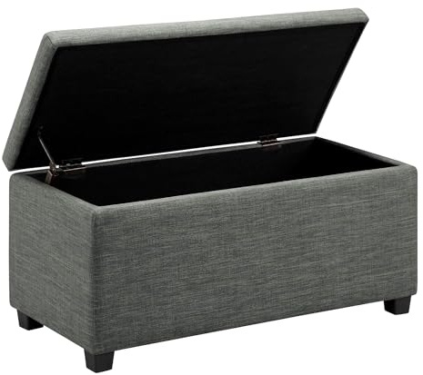 Amazon Basics Bank für den Eingangsbereich, rechteckig, gepolstert, mit Stauraum, Schlafzimmer, Flur, Polsterhocker, Leinenoptik, Dunkelgrau, 42 x 91 x 43 cm