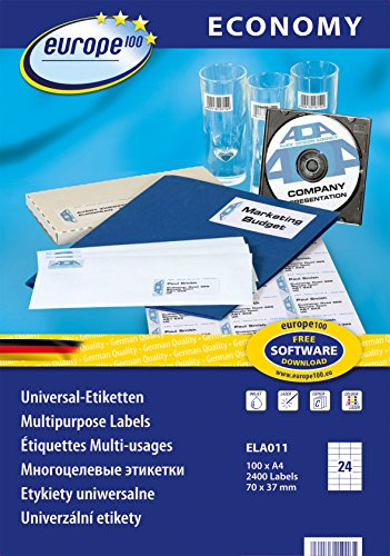 Europe100 Art. ELA011 Adressaufkleber (2.400 Klebeetiketten, 70x37mm auf A4, Papier matt, individuell bedruckbar, selbstklebende Adressetiketten, kompatibel zu AVERY 3474) 100 Blatt, weiß