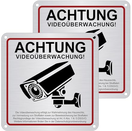Zikenis 2 Stück Achtung Videoüberwachung Schild,mit DSGVO Hinweis,Schilder Aufkleber Videoüberwachung,Schilder Kameraüberwachung,15×15cm Starke Folie selbstklebend Warnschild