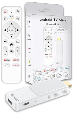 GREVA Android TV Stick 4K Ultra HD-Streaming-Gerät, 2025 Neuestes Android 14.0 TV-Stick Box 2 GB 16 GB HDR/AV1/2,4G/5G WiFi/BT 5.0, Smart Streaming Media Player mit Assistant Sprachfernbedienung, Weiß