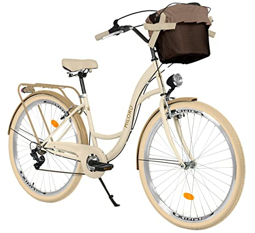 Komfort Fahrrad Citybike Mit Korb Damenfahrrad Hollandrad, 28 Zoll, Creme-Braun, 7-Gang