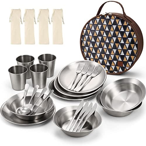 Odoland Edelstahl Campingbesteck Set, Camping Geschirrset für 1-4 Personen | Tragbar, Enthalte Teller Schüssel Tasse Messer Gabel Löffel und Etui, ideal für Familie Outdoor Reisen Wandern Camping