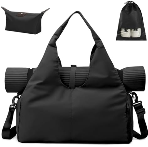 Aucuu Sporttasche, Reisetasche mit Schuhfach & Nassfach, Groß Gym Tasche für Damen und Herren, Wasserdichte Trainingstasche Yogatasche für Yogamatten & Yoga-Zubehör Fitnesstasche (Schwarz)