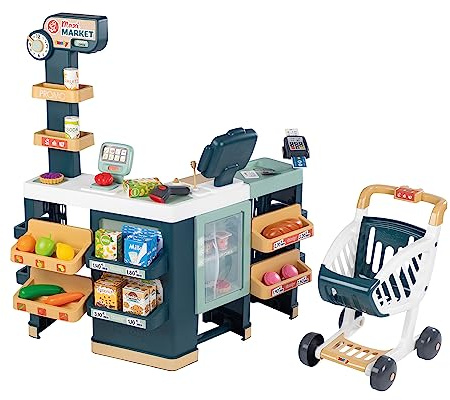 Smoby – Supermarkt Maxi mit Einkaufswagen – moderner Kaufladen für Kinder – Regale, Gemüse, Obst – Kühlbereich – Zahlreiches Zubehör, für Kinder ab 3 Jahren