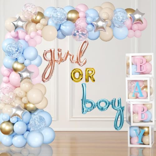 Acidea 159pcs Gender Reveal Balloon Boxes Decorations, Pink and Blue Balloon Garland Kit 4pcs Boxes with Letters for Baby Shower, Boy or Girl Birthday, Gender Reveal Party Supplies