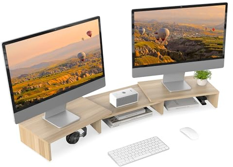 FITUEYES Dual Monitorständer aus Holz, Verstellbare Länge und Schwenkwinkel Bildschirmständer, Monitor Stand Riser für PC Monitor Laptop Drucker, 92,5-108x 23,5X 10,2 cm Eiche