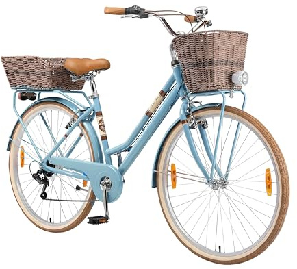 BIKESTAR Alu City Stadt Fahrrad 26, 28 Zoll | 16, 18 Zoll Rahmen, 7 Gang Shimano Damen Holland Rad, Retro Bike mit V-Bremse, Gepäckträger, Licht, Klingel, Korb, Speichenreflektoren | Risikofrei Testen