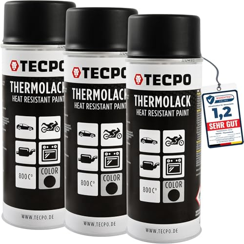 TECPO Thermolack Spray Dose 3x 400ml Auspufflack Autolack Ofenlack Bremssattellack hitzebeständig bis 800°C schnell trocknend Auto Lackspray Schwarz Matt schützt Motor und Auspuff vor Rost (3er-Pack)