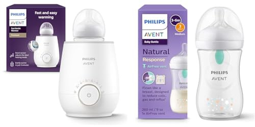 Set aus AVENT Schneller Premium-Fläschchenwärmer Modell SCF358/00 + Philips AVENT Babyflaschen Natural Response – Babyflaschen mit AirFree Ventil, 260 ml, BPA-frei (Modell SCY673/82)