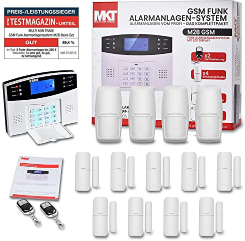 Multi Kon Trade M2B GSM Funk Alarmanlage mit LCD Display – umfangreiches Alarmanlagen Komplett-Set mit Bewegungsmelder, Tür- & Fensterkontakten, erweiterbares Alarmsystem mit Fernsteuerung