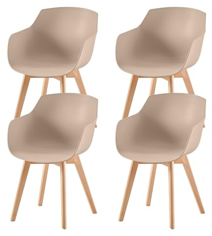 EGGREE Esszimmerstühle 4er Set mit Armlehnen, Khaki | Küchenstühle aus PP mit Buchenholzbeinen für Esszimmer und Wohnzimmer