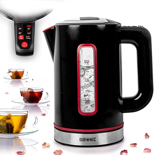 Duronic EK30 BK Wasserkocher, 1,5 Liter Volumen, mit Sichtfenster | Temperatureinstellung 40 - 100°C und Warmhaltefunktion, schnelles Aufheizen mit 3000 Watt, Cool Touch dank Doppelwand