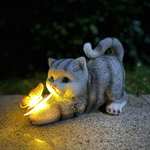 HIAME Katzenfigur Garten Deko Katze Gartendeko Schmetterlinge Solarlampen für Außen Balkon Gartendekoration Innenhof Layout niedlichen Katze Top Schmetterling Ornamente Harz Solarleuchten (Grau)