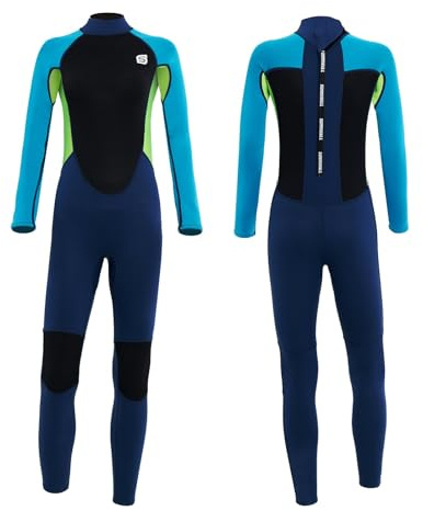 Summshall Neoprenanzug Kinder, 2.5mm Neopren Kinder Neoprenanzug Jugend Kurz Lang Wärmender Neoprenanzüge Thermal Badeanzug für Mädchen und Jungen zum Tauchen, Schwimmen, Surfen, Lang-Blau Grün 12Y