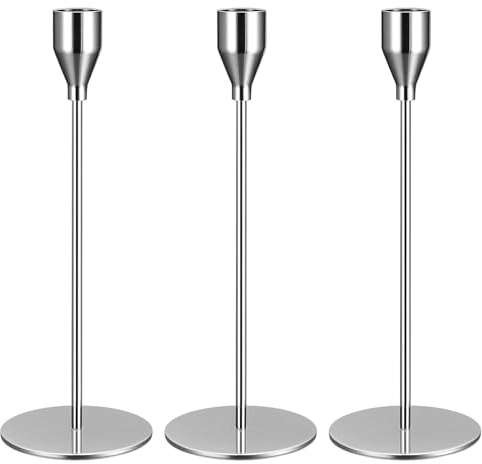 H: Dekorative Silberne Vintage-Kerzenhalter - 3 Konische Metallkerzenhalter, 24 cm für die Tischdekoration
