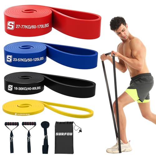 SURFOU Fitnessbänder Set mit 4 Widerstandsstufen, Widerstandsbänder mit Türanker, 2 Griffen, Übungsanleitung & Tragebeutel, für Yoga, Pilates, Krafttraining, Klimmzughilfe