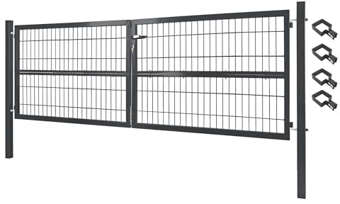 V2Aox Gartentor Tor Gartenzaun Zaun 300x80 cm Doppelflügelig Gartentür aus Metall für Stabmattenzaun Abschließbar inkl. Pfosten Grau