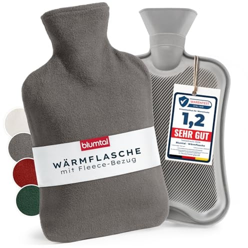 Blumtal Premium Wärmflasche mit Bezug Fleece - Wärmeflasche aus verwendungssicherem Naturkautschuk mit Fleecebezug - auslaufsichere Bettflasche 1,5 L - beruhigend & wärmend - Bettflasche Grau