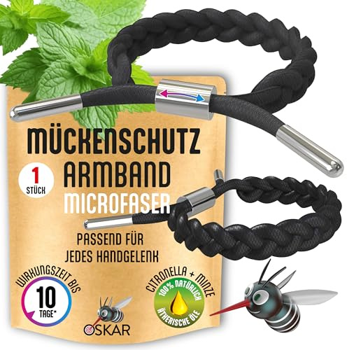 OSKAR - Stylisches Mückenschutz Armband Erwachsene, 1er Pack zur Mückenabwehr - Schwarz geflochten - Anti Mücken Schutz, extrem effektiv & Wiederverwendbar | Mückenarmband für Camping & Festival