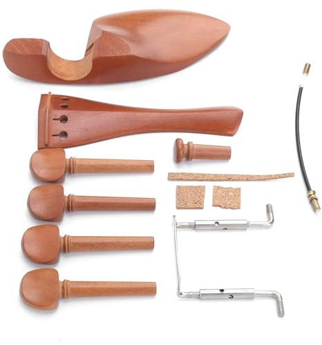 4/4 Größe Violine Fiddle Zubehör Kit mit 4 Stimmwirbeln Saitenhalter Jujube Holz Brücke Kinnhalter-Ersatzteile, Kinnhalter Saitenhalter Saitendarm Endpin Korkholz mit Wirbeln und Schrauben