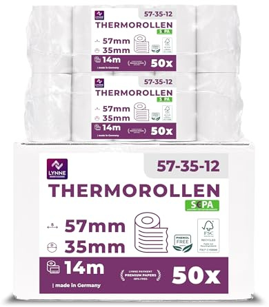 Ec-Cash Thermorollen 57mm x 14m x 12mm - Kassenrollen - Thermopapier - Bonrollen für Bankomat und Kredit-Kartenlesegeräte – mit SEPA-Lastschrifttext (EC-Cash - 57x35x12-14 Meter mit LST - 50 Rollen)