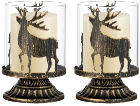 Sziqiqi Hirsch Kerzenständer Tischdeko Weihnachten: Windlicht Schwarz, 2Stk | Teelichthalter Metall, mit Hurricane Glas, für Stumpenkerzen, Teelichter, für Weihnachtsdeko, Couchtisch, Kamin, Geschenk