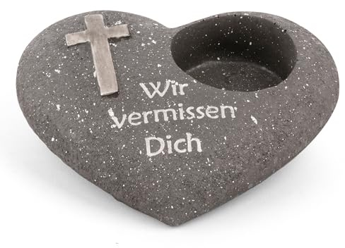 Novaliv Grabschmuck Herz Anthrazit mit Kreuz Spruch Wir vermissen Dich Grabdeko Grabherz Wetterfest Grabdekoration Gedenkstein Teelichthalter Trauerstein